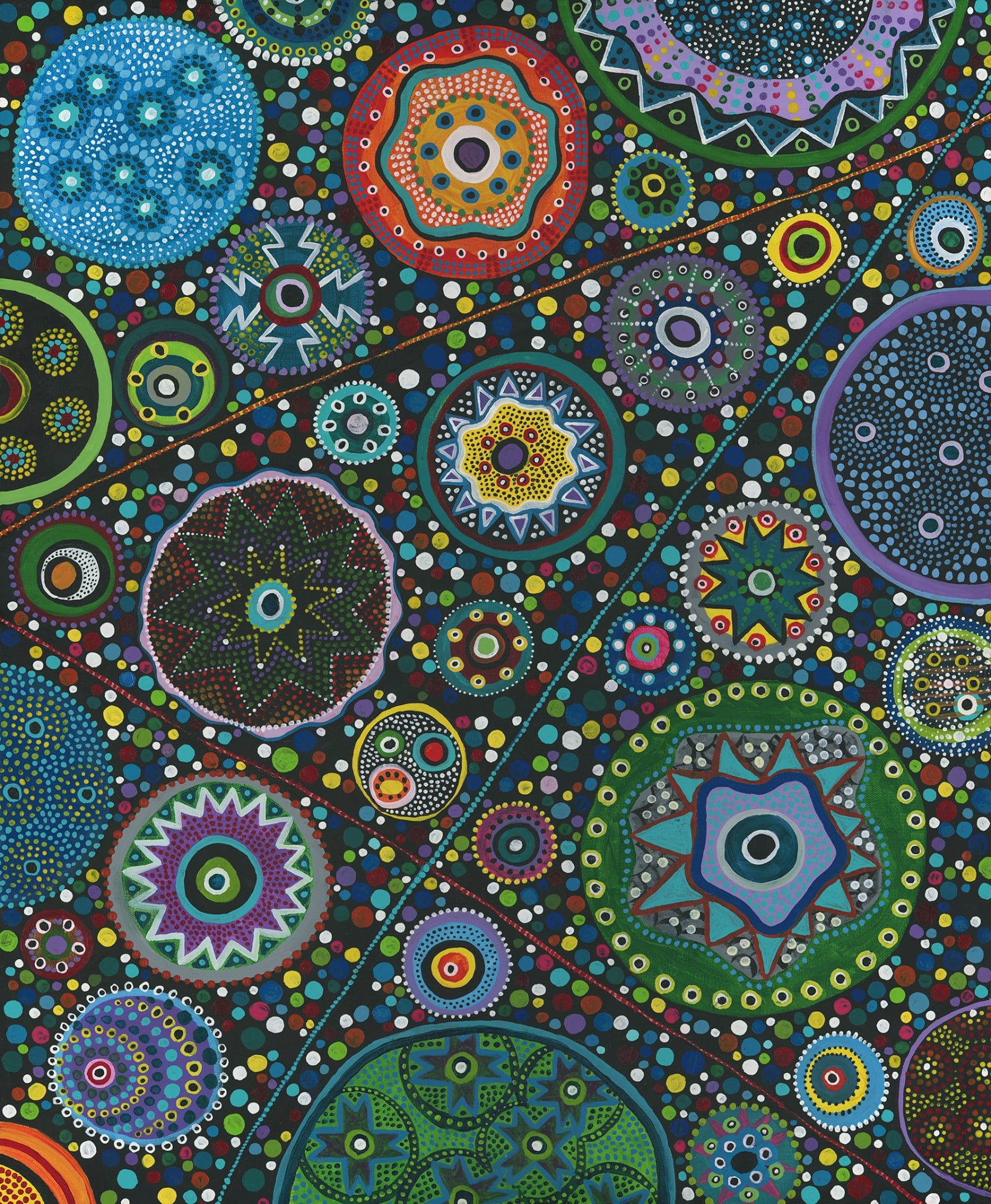 Colorful abstract painting with various mandala-like circular patterns filled with dots, lines, and geometric shapes, set against a black background.
