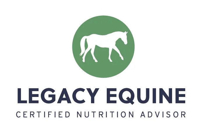 Logo of Legacy Equine, featuring a white horse silhouette inside a green circle, with the text 'Legacy Equine Certified Nutrition Advisor' below.