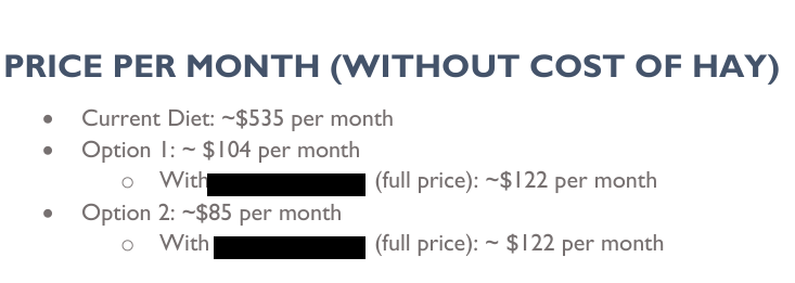 A chart showing the monthly costs of different diets without hay, including current, option 1, and option 2, with details on specific prices and options.