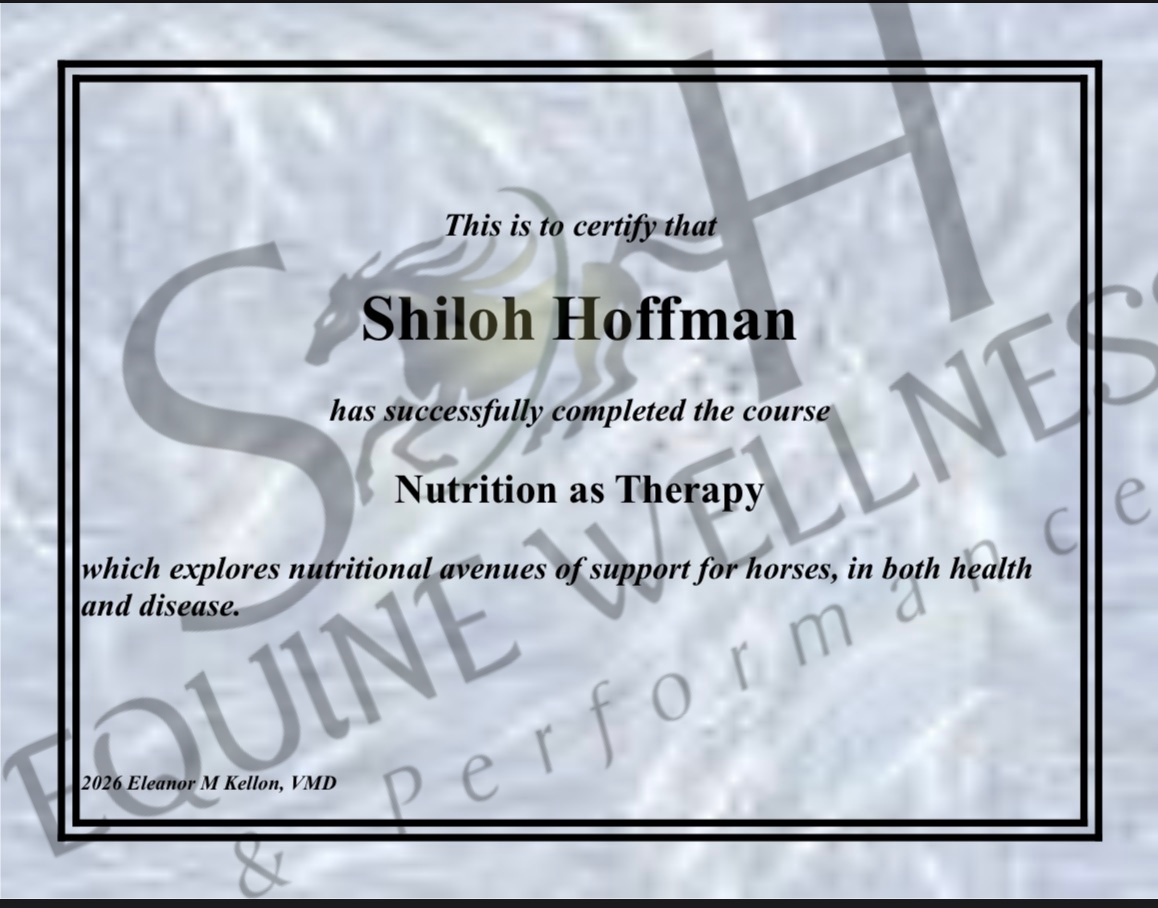 Certificate certifying that Shiloh Hoffman completed a course called Nutrition as Therapy, which explores nutritional support for horses' health and disease.