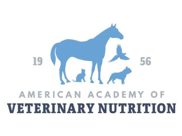 Logo for American Academy of Veterinary Nutrition with a blue horse, cat, dog, and bird silhouettes, and the year 1956.