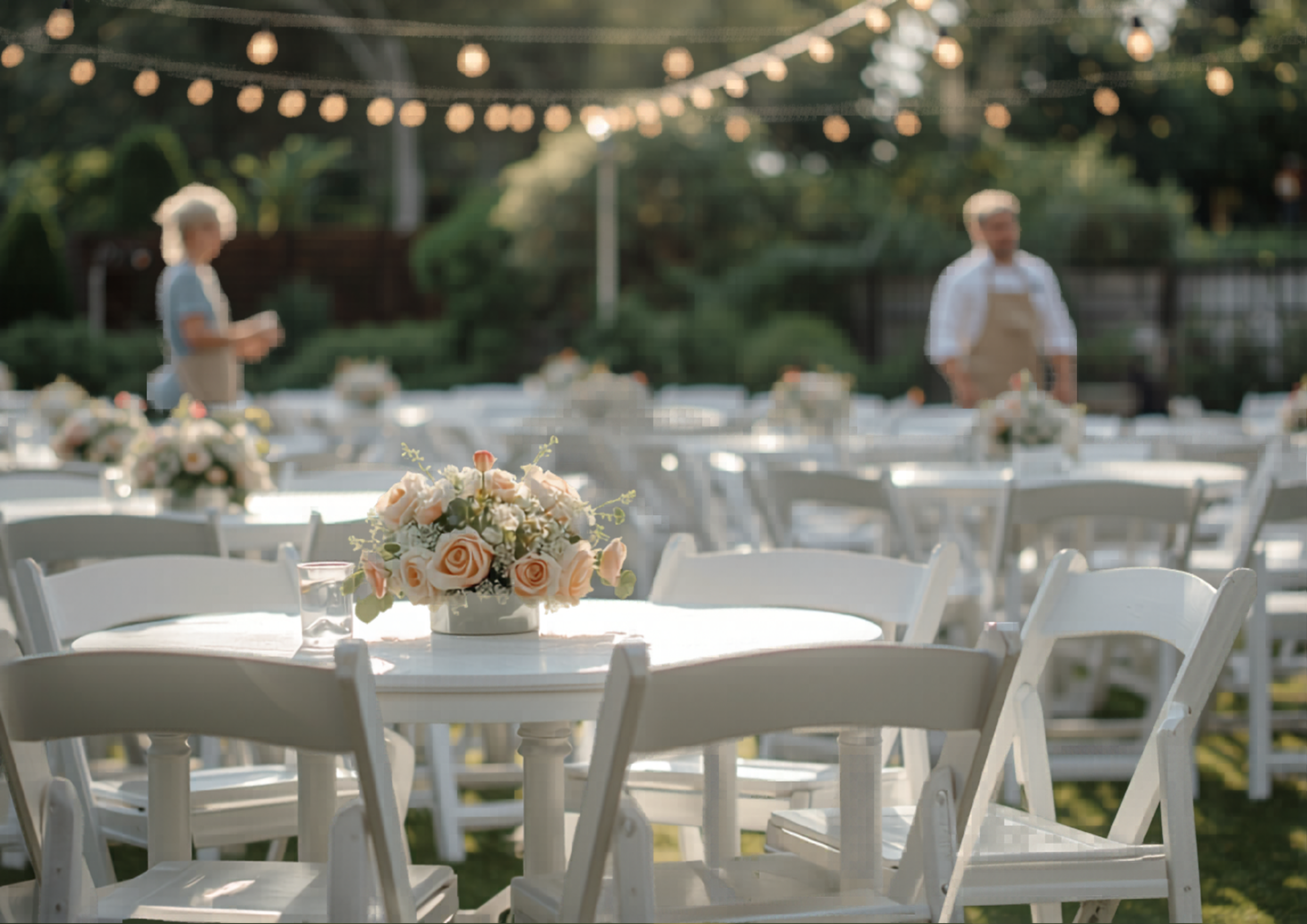 Outdoor wedding reception setup with white tables and chairs, decorated with peach and white flower arrangements, string lights hanging overhead, and blurred background of people preparing