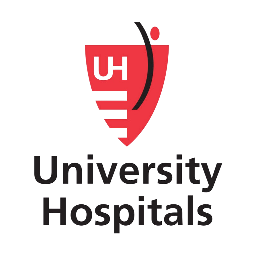Logo of University Hospitals with a red shield emblem and stylized black and red check mark, and purple and green accents, with the text 'University Hospitals'.