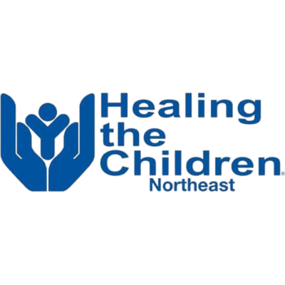 Logo for Healing the Children Northeast, featuring a stylized blue heart surrounded by two hands and the text 'Healing the Children Northeast' in blue.
