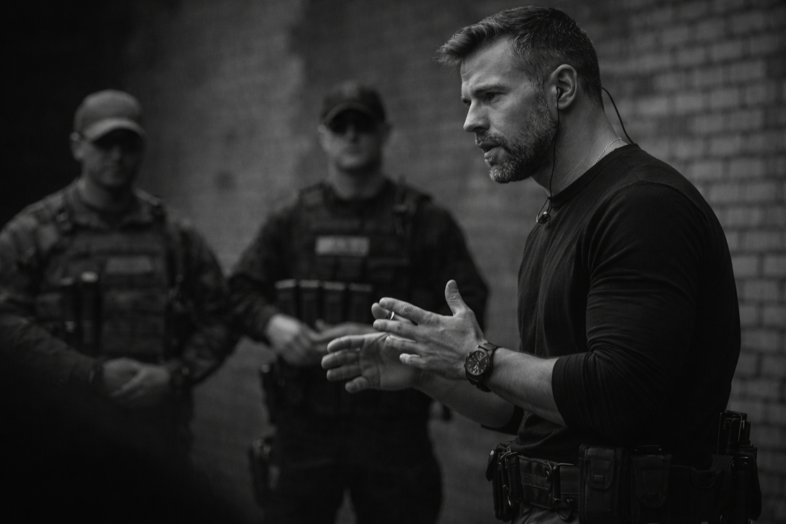 An Instructor delivering training on decision-making and communication under pressure to police officers in their operational uniform