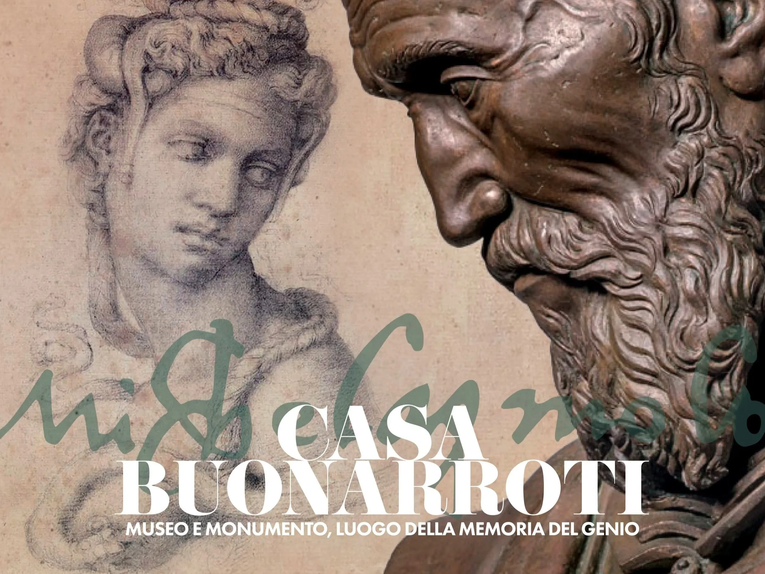 Une sculpture en bronze d'un visage antique avec une barbe détaillée et une œuvre d'art ancienne d'une tête féminine dessinée au crayon en arrière-plan. Le texte indique une exposition sur la mémoire de la figure de Léonard de Vinci, intitulée 'Casa Buonarroti' située dans un musée et monument en Italie.