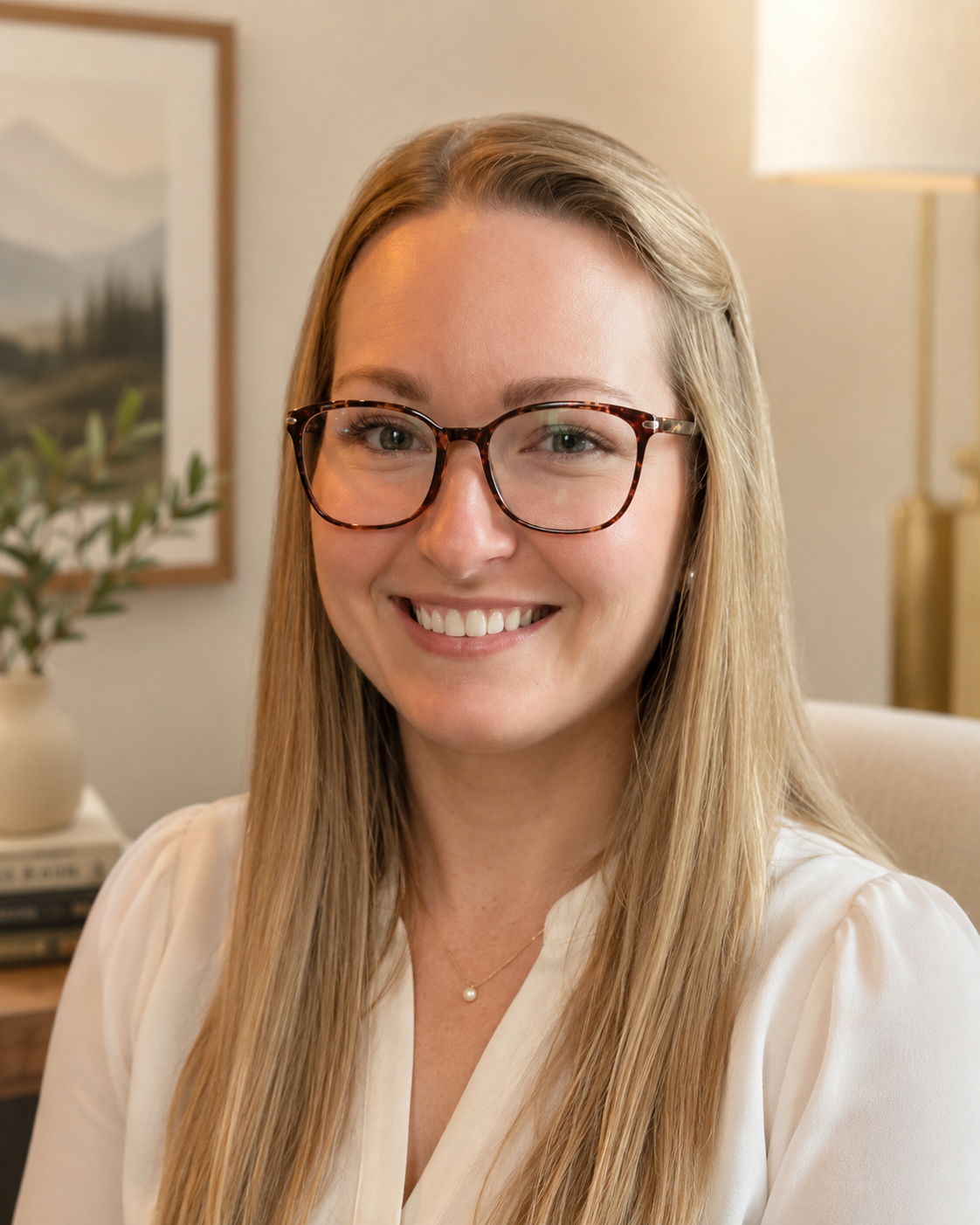 A young woman with long blonde hair wearing glasses and a white top, smiling indoors with a blurred background of a lamp, a picture frame, and a plant.