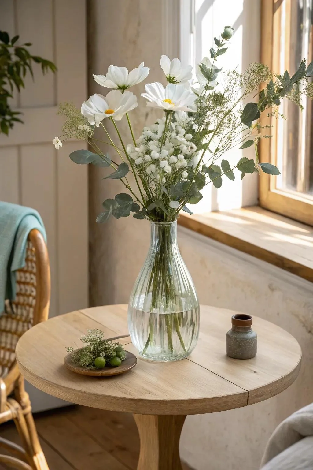 A clear glass vase with a bouquet of white flowers and greenery on a round wooden table near a window.