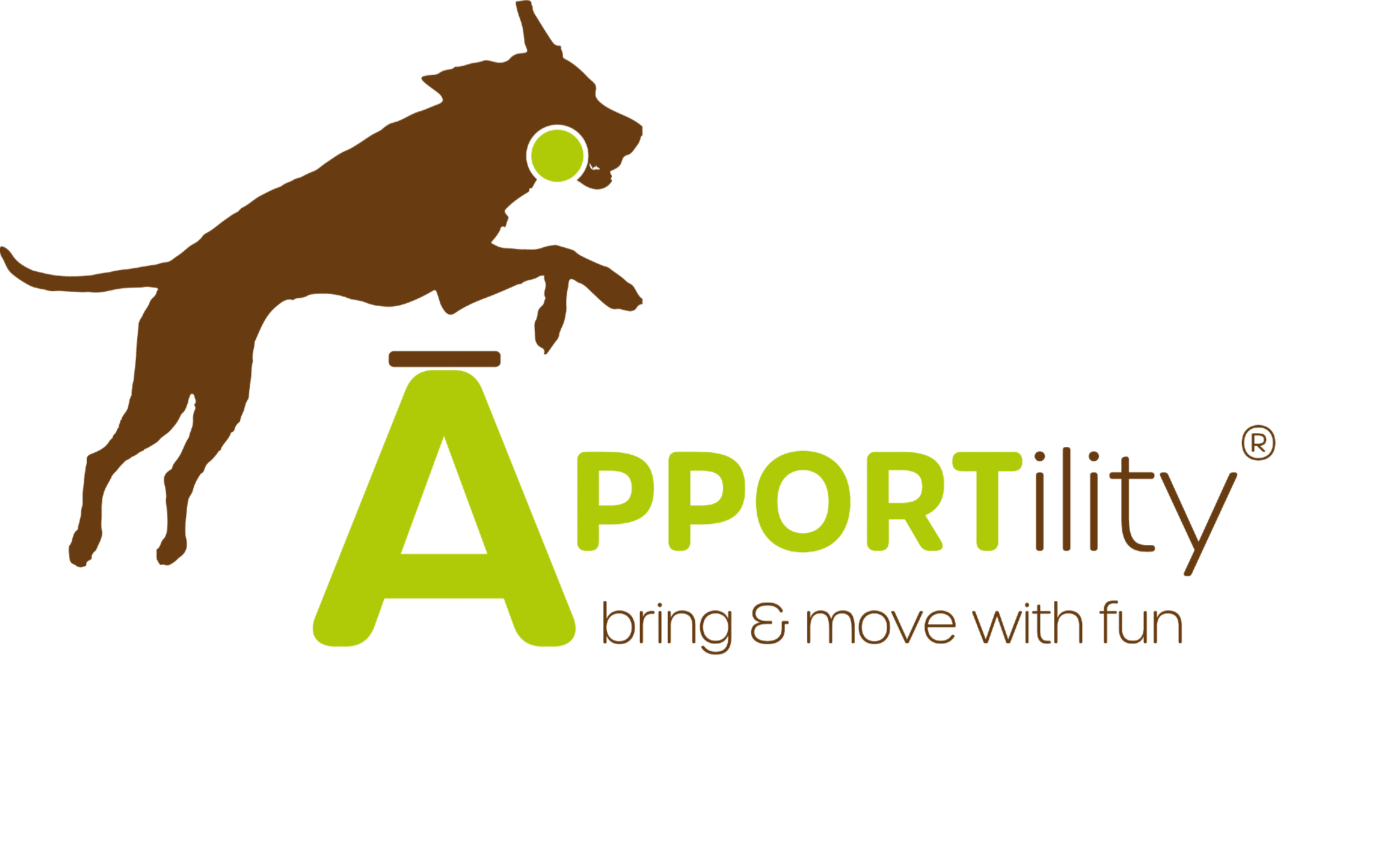 Logo mit einem sitzenden Hund und dem Text »APPORTility bring & move with fun«. Der Hund ist braun, der Text grün und braun.