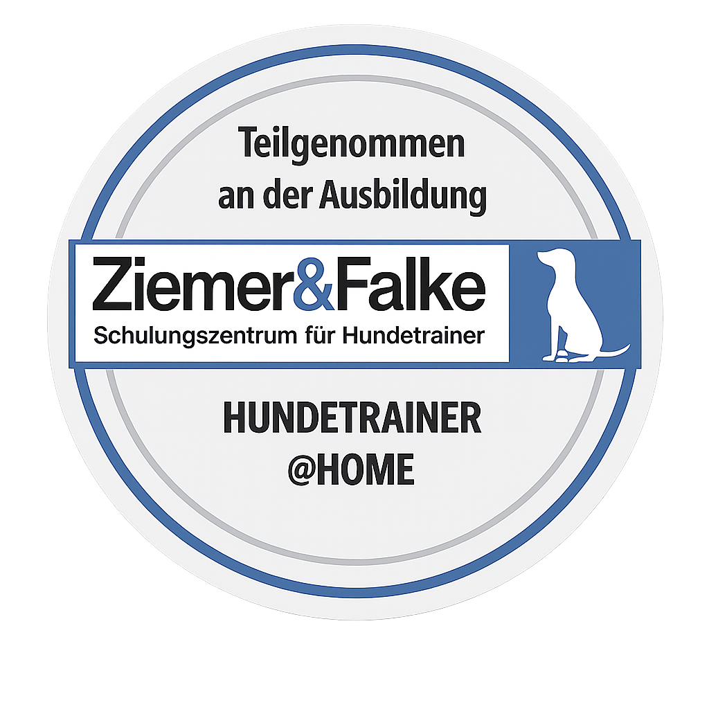 Ein runder Badge, der an der Ausbildung zum Hundetrainer teilgenommen hat, mit dem Logo eines sitzenden Hundes und dem Text 'Ziemer & Falke', 'Schulungszentrum für Hundetrainer' und 'Hundetrainer @Home'.