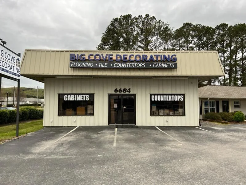 Storefront for Big Cove Decorating with signage for flooring, tile, countertops, and cabinets, located at 6684.