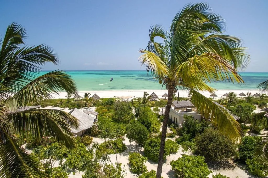 Tropical beach with palm trees, turquoise water, white sand, and thatched roof huts.