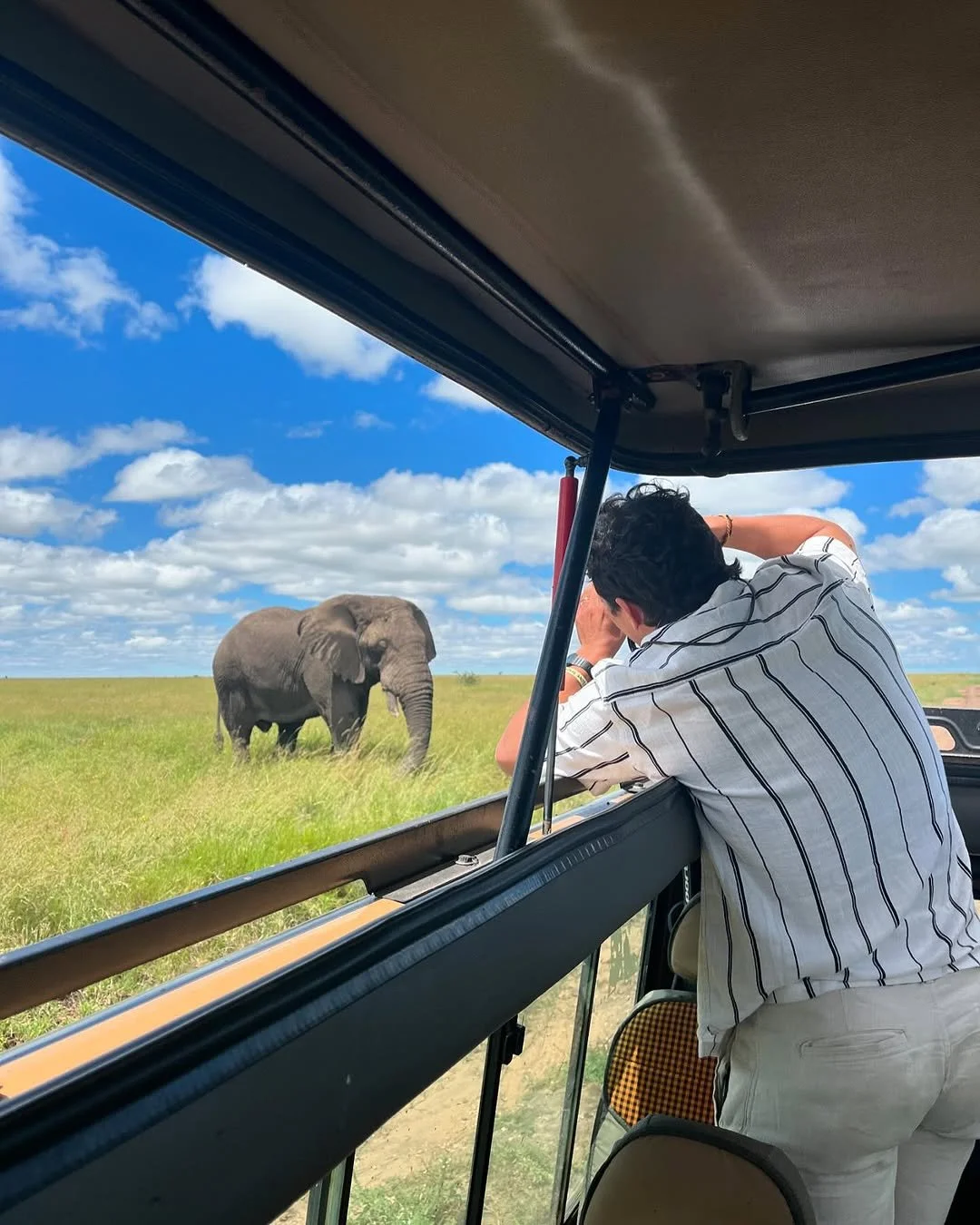 A person in a striped shirt and white shorts views an elephant through the window of a safari vehicle on a grassy plain under a blue sky with white clouds.
