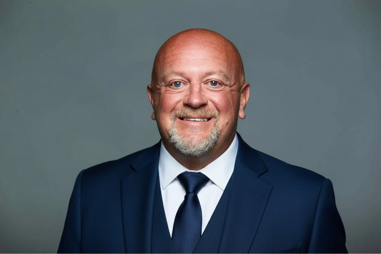 Headshot of a smiling middle-aged man with a bald head and gray beard, wearing a dark blue suit, white shirt, and dark blue tie, against a plain gray background.