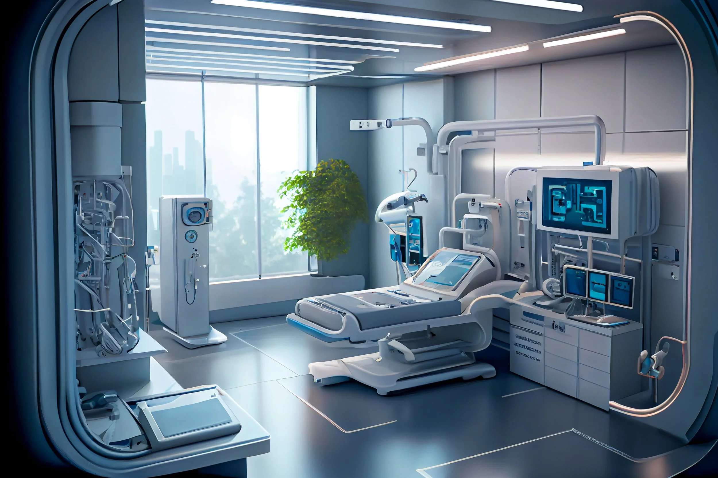 A modern hospital room with advanced medical equipment including a large patient bed, monitors, and various medical devices, with sunlight coming through a large window and a potted plant near the window.