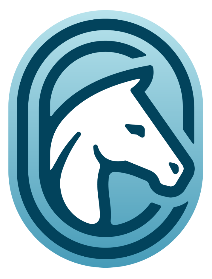 A stylized logo featuring a white horse's head in profile with a flowing mane, enclosed within a navy blue circular border.
