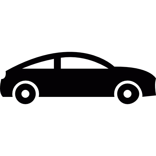 Silhouette of a car with a curved roof and four wheels.