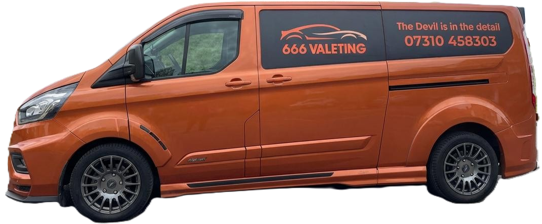 Orange van with black and orange branding and text, advertising 666 Valeting services, including a logo of a stylized car and the slogan 'The Devil is in the detail.' Contact number listed on the side.