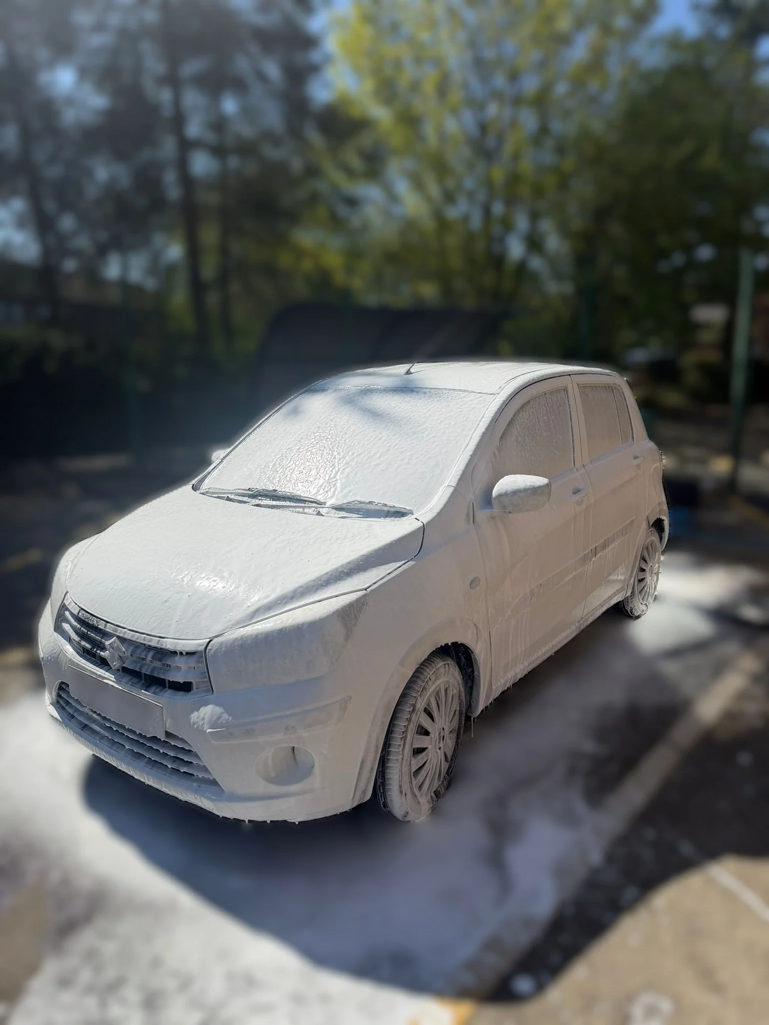 White Suzuki Celerio covered in foam, parked outdoors in a street or driveway.