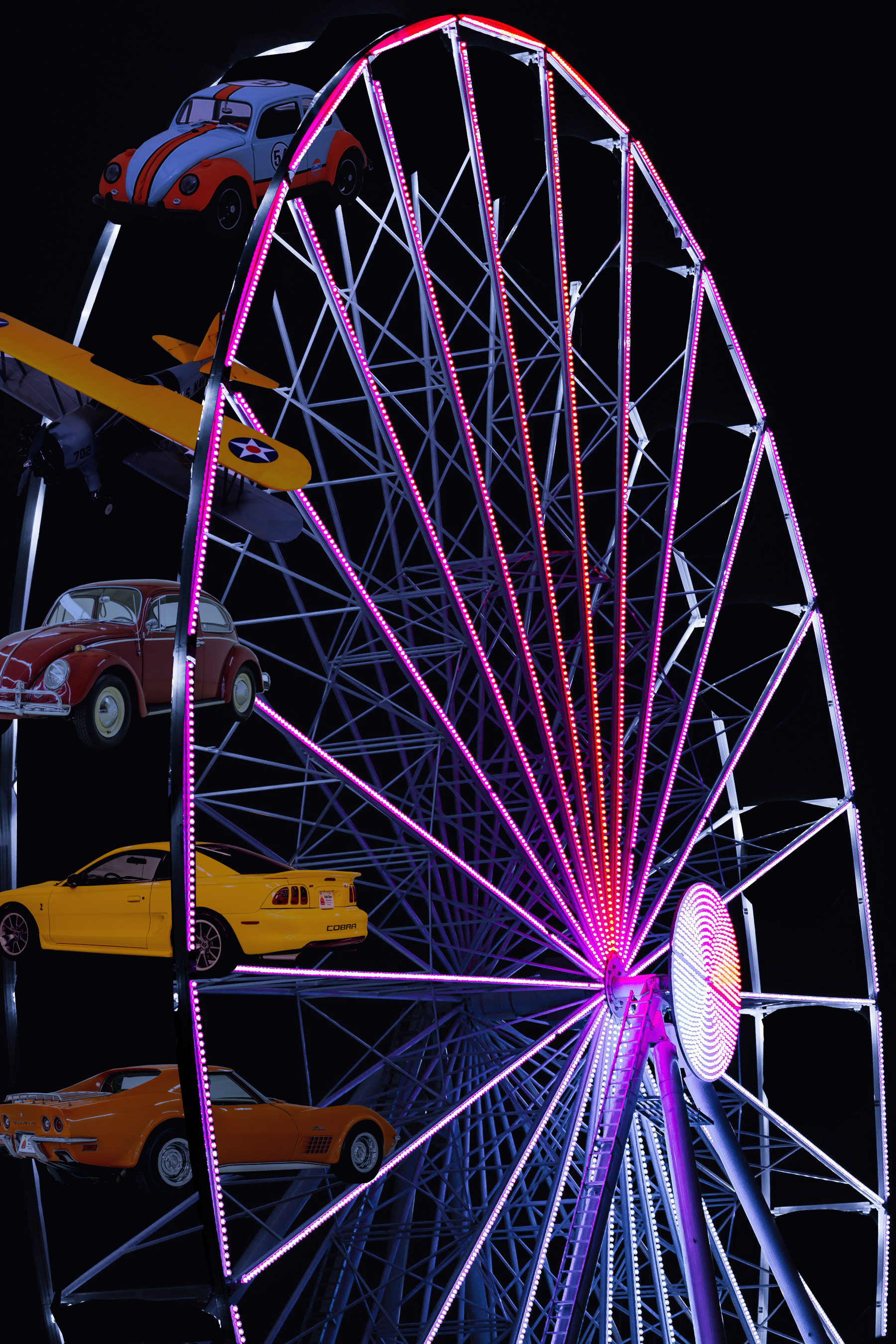 Compositing match to scene replacing ferris wheel carts with real cars using rotoscoping