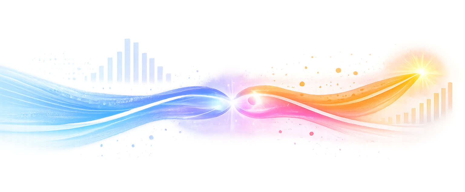 Abstract digital artwork with flowing blue and pink waves, a bright white light in the center, and a colorful city skyline in the background.
