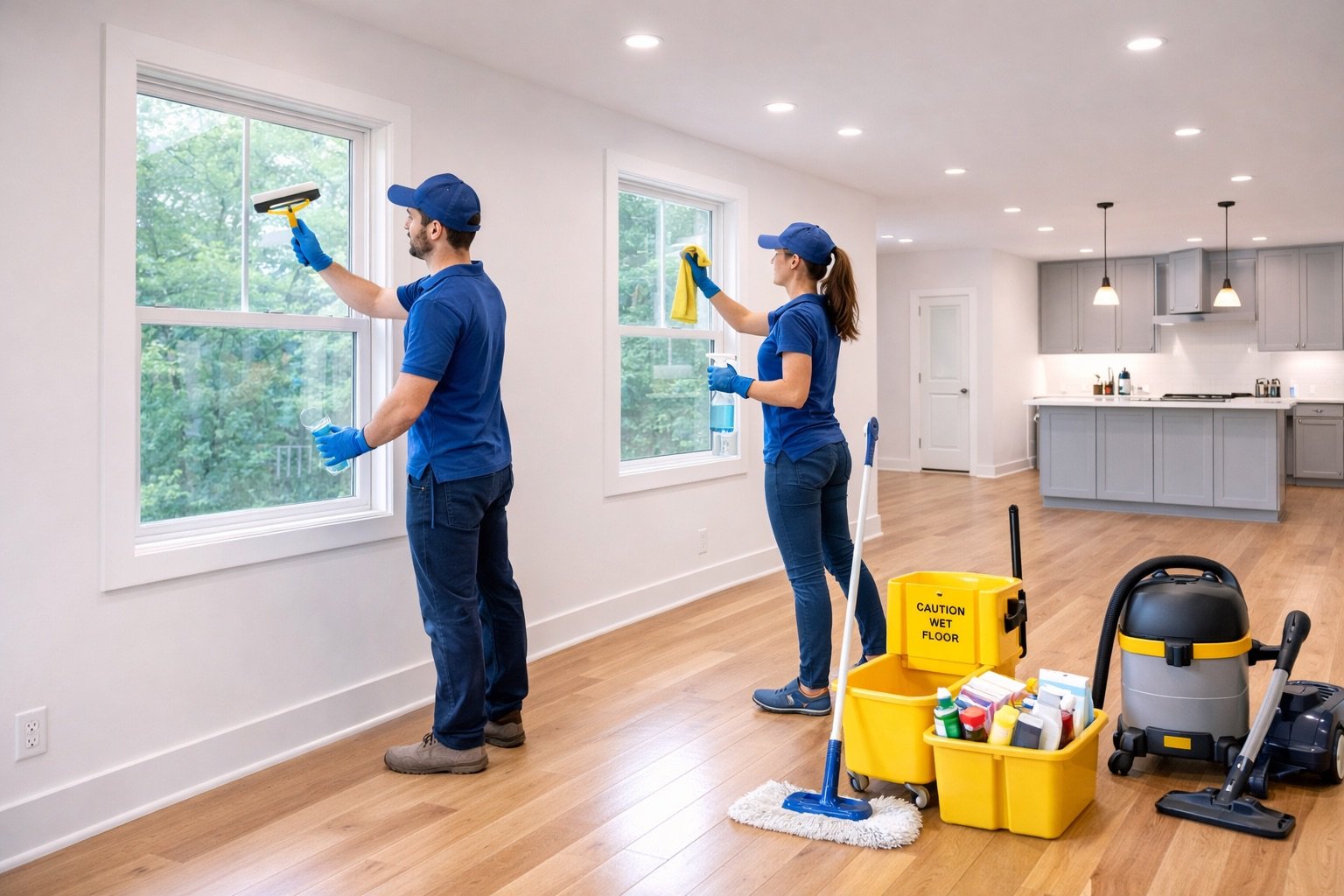 Two cleaning workers wearing blue uniforms and gloves cleaning large windows in a bright, empty living room with wooden floors. Cleaning supplies and equipment are on the floor, including a yellow caution wet floor sign, a mop, a vacuum cleaner, and cleaning bottles.