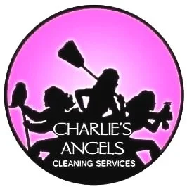 Silhouettes of children sitting on a bench, one child with a broom, against a pink circular background with text 'Charlie's Angels Cleaning Services'.