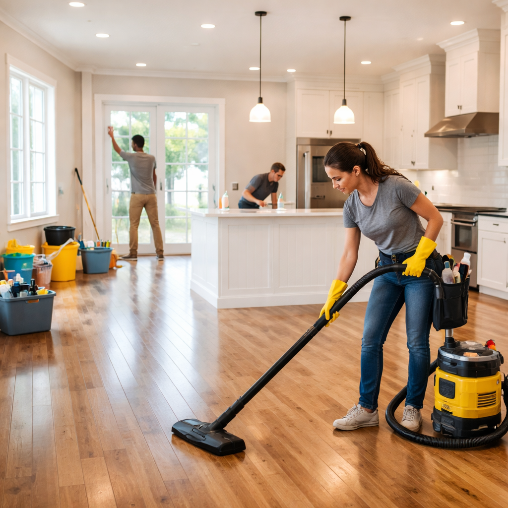 A woman cleaning hardwood floor with a vacuum cleaner, wearing yellow gloves, in a bright, modern kitchen. Two men are in the background, one cleaning the glass door and the other doing dishes. The kitchen has white cabinets, pendant lights, and a large window.