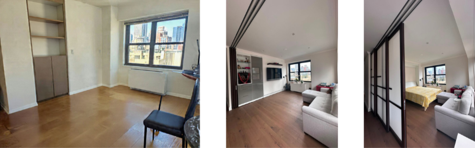 Three images of an apartment interior showing a living room with large windows, a room with a sofa and television, and a bedroom with sliding partition wall.