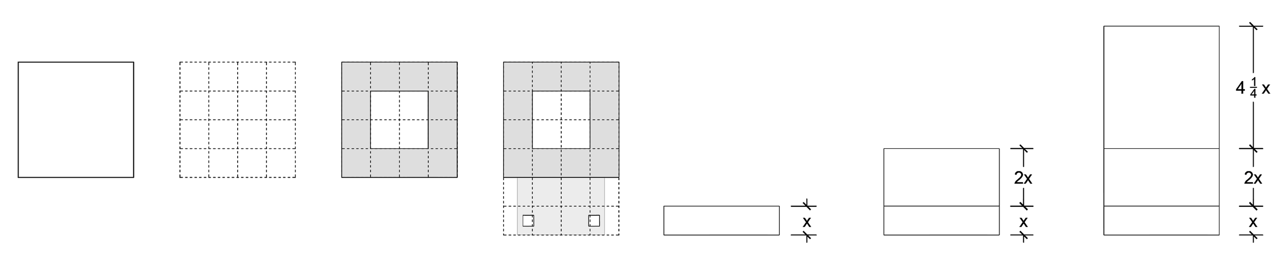 Diagram of various stacked and layered boxes with measurements and grid overlays.