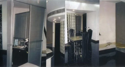 A collage of three interior spaces, including a computer station in one, a dining area with a table and chairs in another, and a seating area with a sofa and side table in the third.