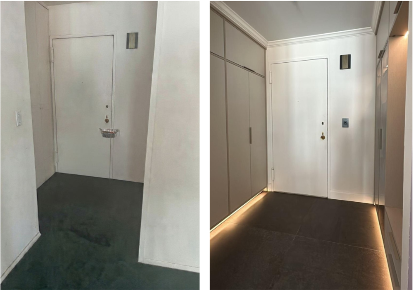 Comparison of an entryway before and after renovation. The left shows an old, plain white door with a small mailbox and dark carpet. The right shows a modernized entry with a white door, wall-mounted lights, and a cleaner, more refined look with lighting along the floor.