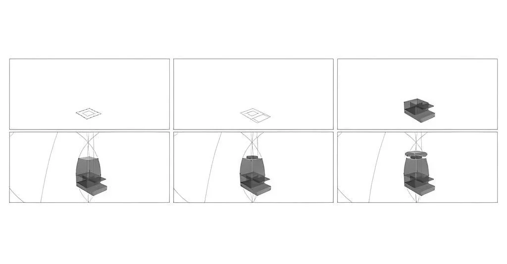 Diagram showing steps of creating a 3D object from a 2D shape, including drawing, extruding, and assembling parts.