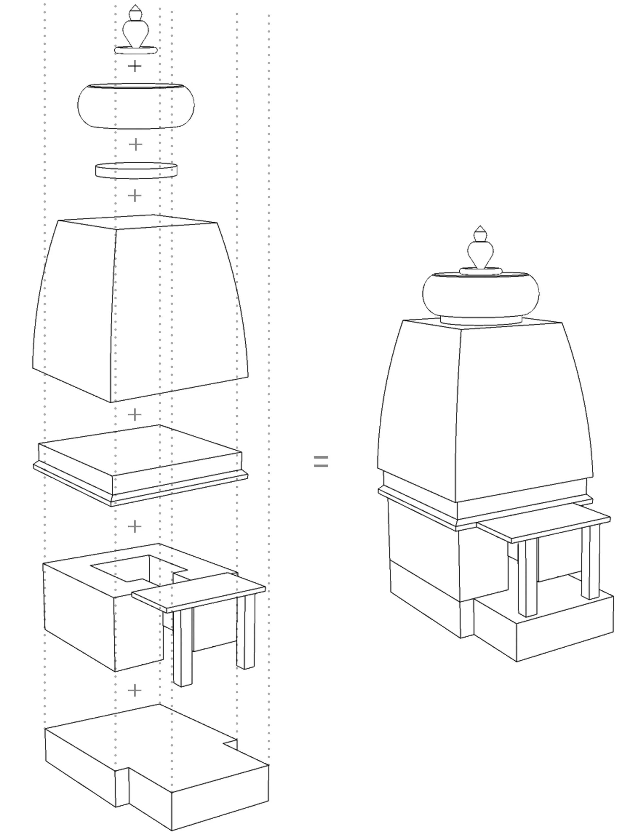 Line drawing of a structure being assembled with an exploded view on the left and an assembled view on the right. The structure appears to be a fountain or similar feature with a base, central column, and decorative top.