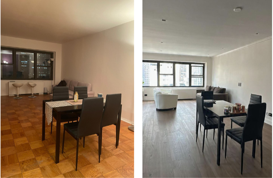 Comparison of two living rooms, one with a wooden floor and dark furniture and the other with a lighter floor and furniture, both with large windows and city views.