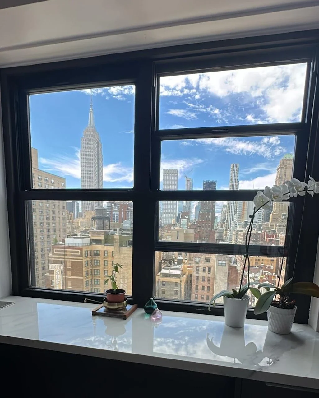 View of New York City skyline with Empire State Building through a large window, with potted plants on a white windowsill.