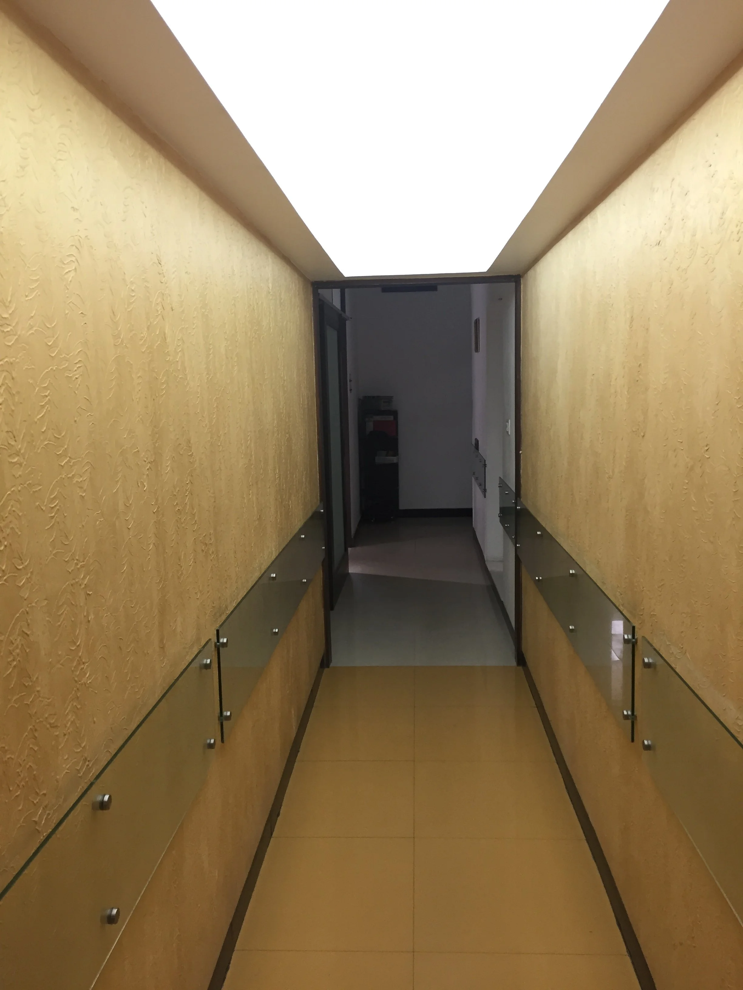 A corridor with yellow textured walls, black trim, and a ceiling with a large white panel light. There are glass doors and cabinets along the sides, with visible hardware and some objects on the other side of the doors.