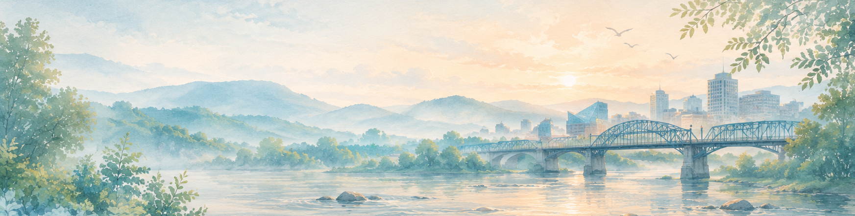Sunrise over a river with mountains in the background, a bridge spanning the water, green trees on both sides, and birds flying in the sky.
