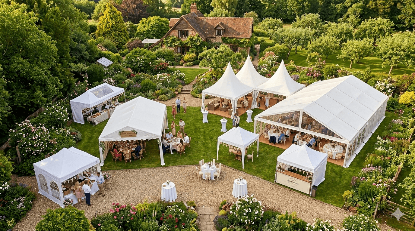 Ein Gartenfest mit weißen Zelten und Gästen, umgeben von Blumen und Bäumen, in einem idyllischen Landschaftsgebiet mit einem Haus im Hintergrund.