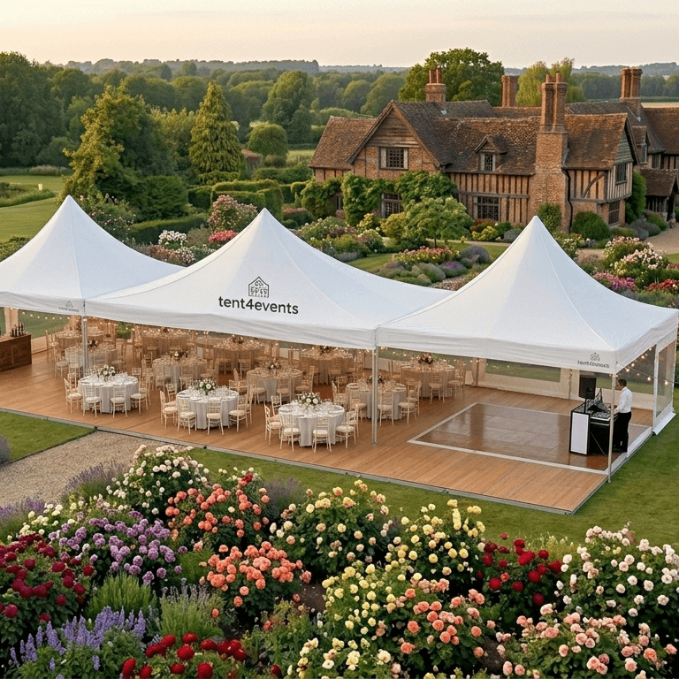 Ein großes weißes Partyzelt mit Tischen und Stühlen, umgeben von bunten Blumen im Garten, bei Sonnenuntergang.
