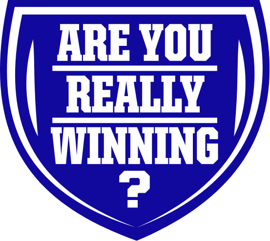 Logo for Are you really winning? which shows white text on a blue shield shape