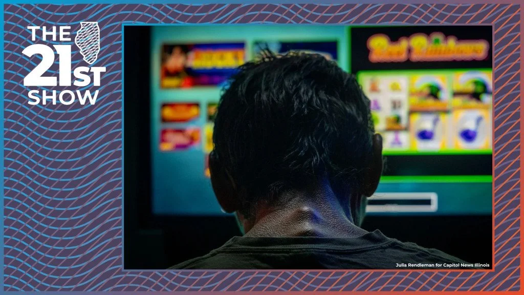 The logo for The 21st Show and an image of the back of a person's head in front of a brightly lit screen