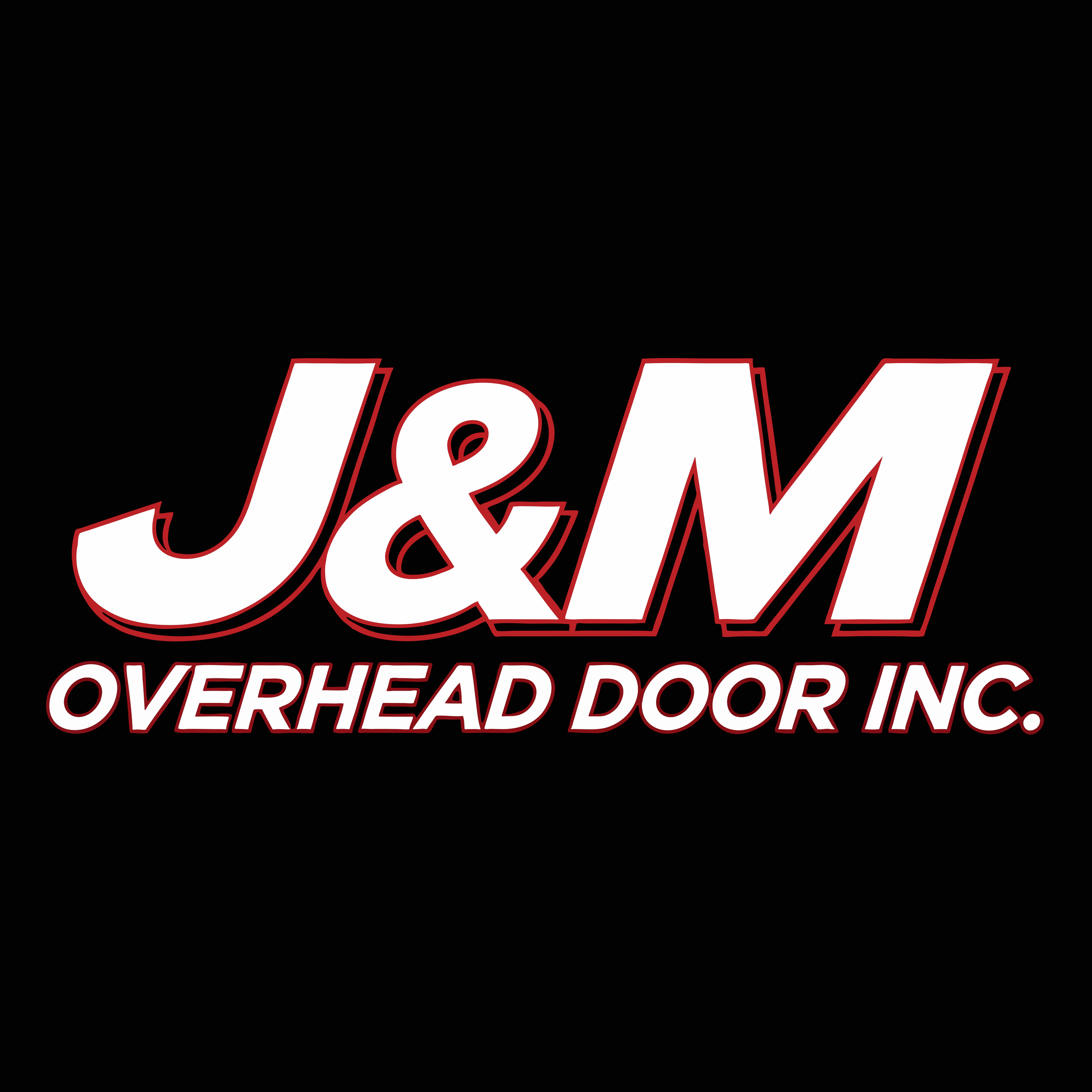 Logo for J&M Overhead Door Inc with bold white and red lettering on black background.
