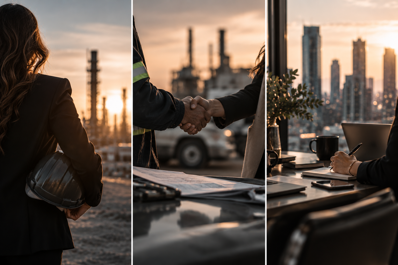 Collage of three images: a woman holding a hard hat at a construction site during sunset, a handshake between two workers or professionals with an industrial background, and a person working at a desk with the city skyline in the background at sunset.