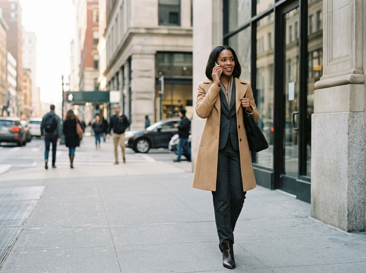A woman walking on a city sidewalk, talking on her cell phone, dressed in a professional beige coat, dark blazer, pants, and boots, holding a black handbag.