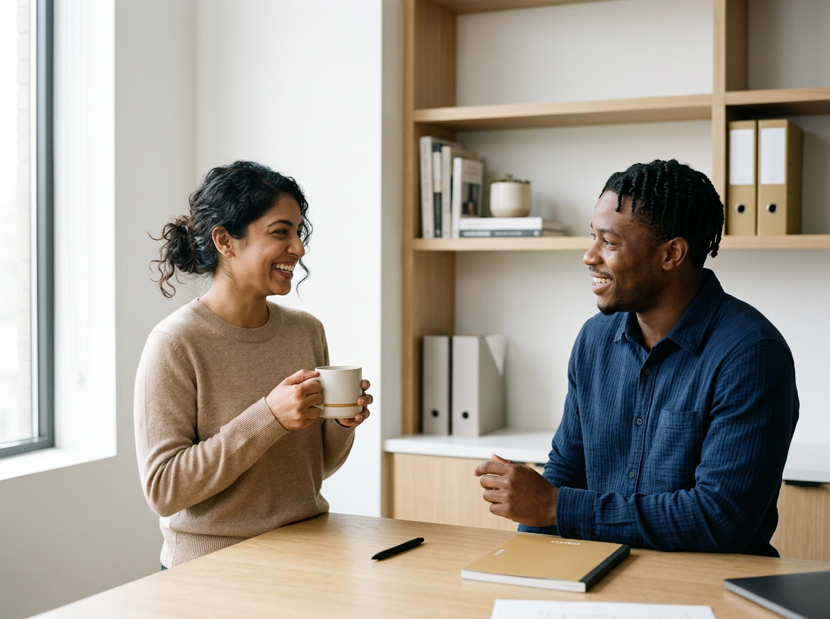 A woman with curly dark hair smiling and holding a mug, talking to a man with short dreadlocks who is also smiling, seated at a wooden table in a bright, modern office or home setting.