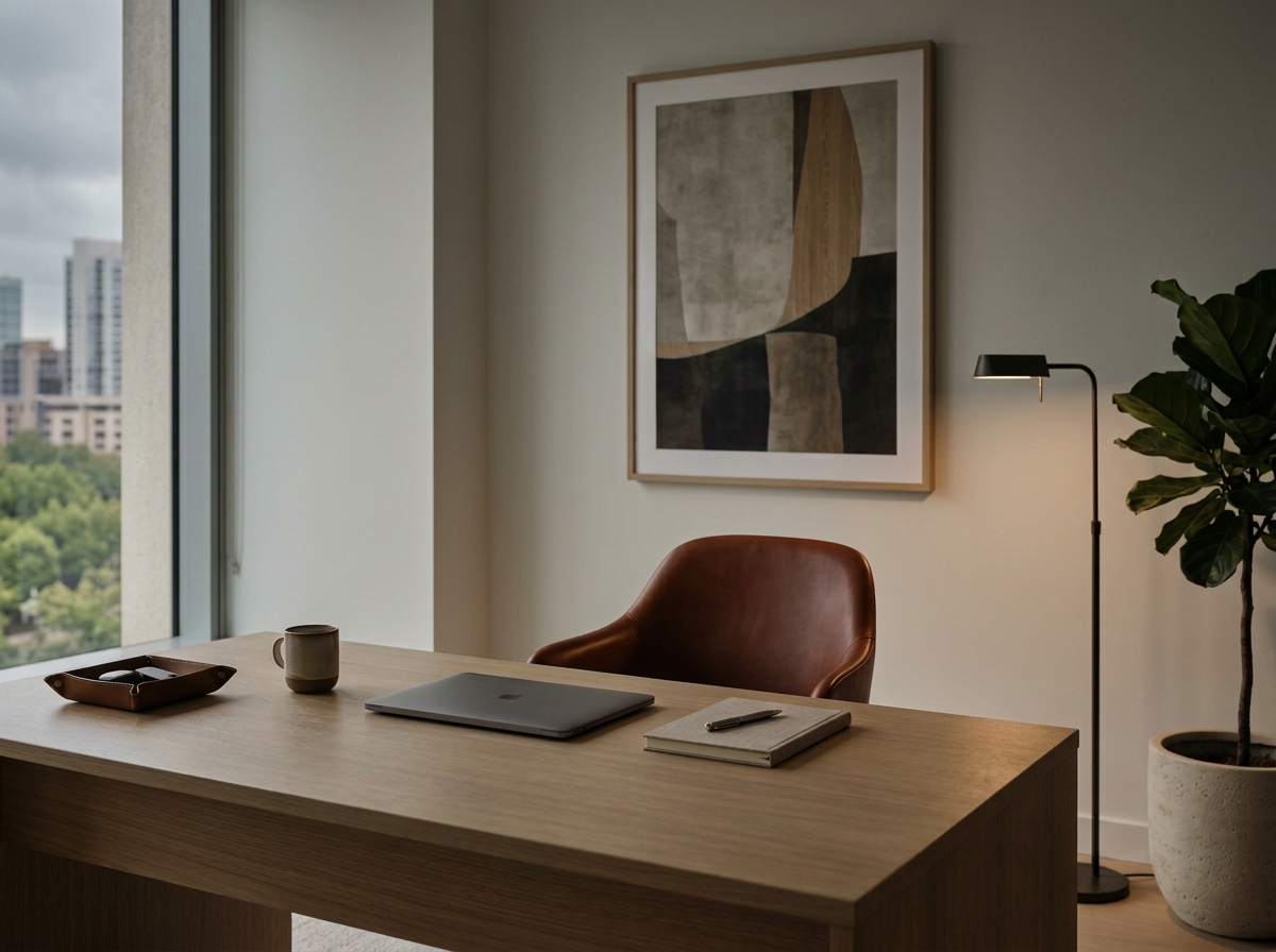 Modern office with a large window, wooden desk, leather chair, abstract wall art, floor lamp, and potted plant.