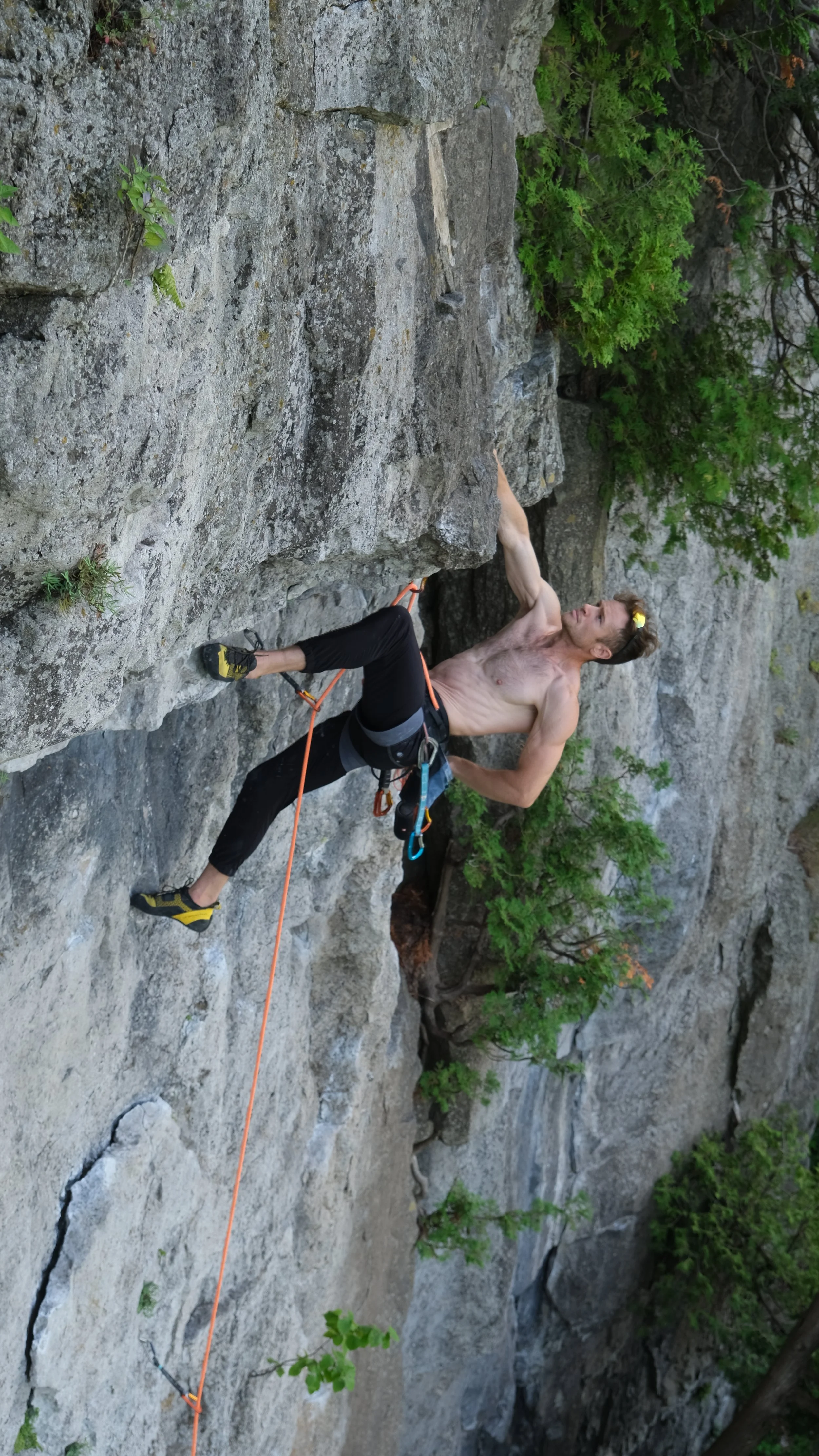A shirtless man with climbing gear, including harness and carabiners, is climbing a rocky outdoor cliff.