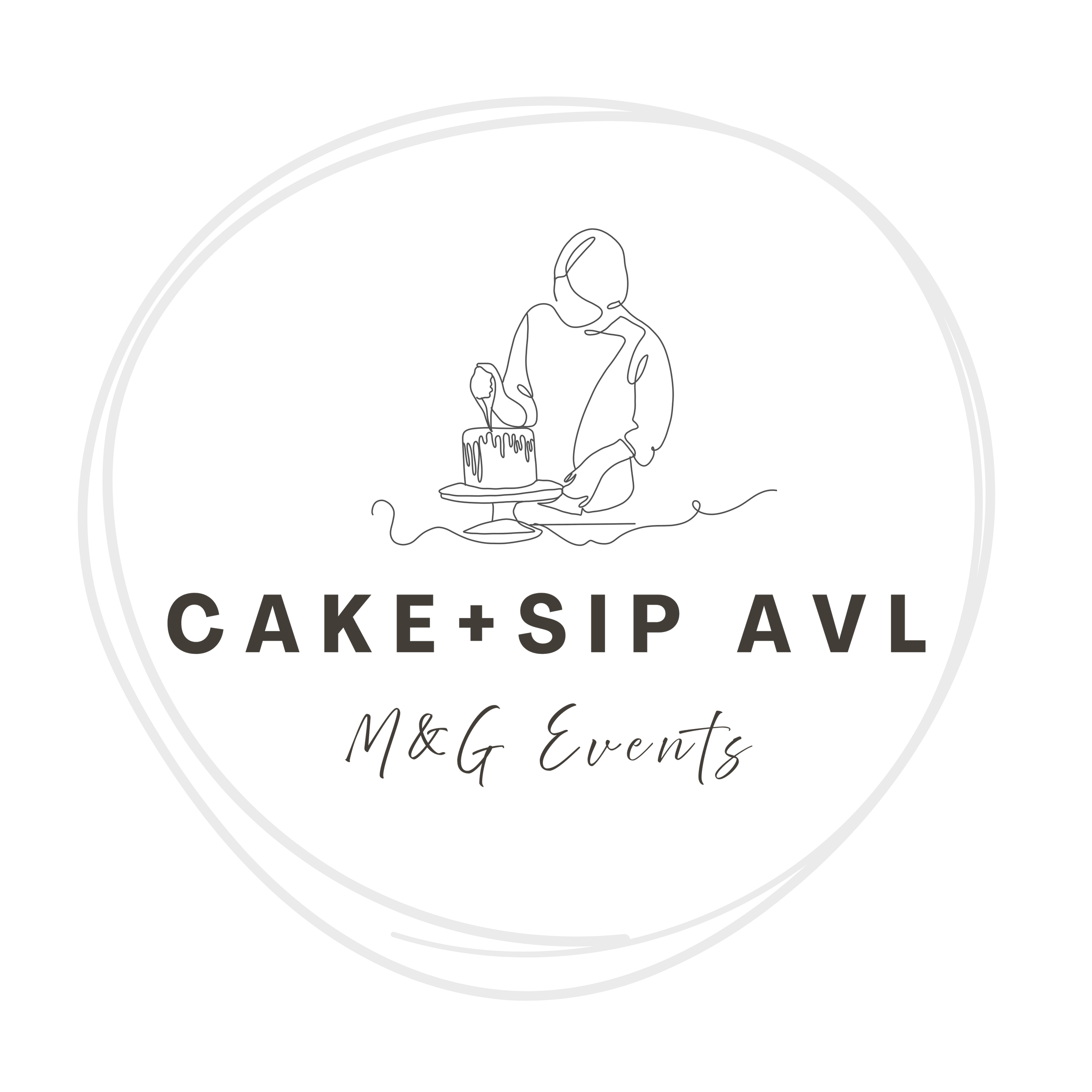 Black event poster with text 'Cake + Sip AVL' and 'M&G Events' in elegant script.