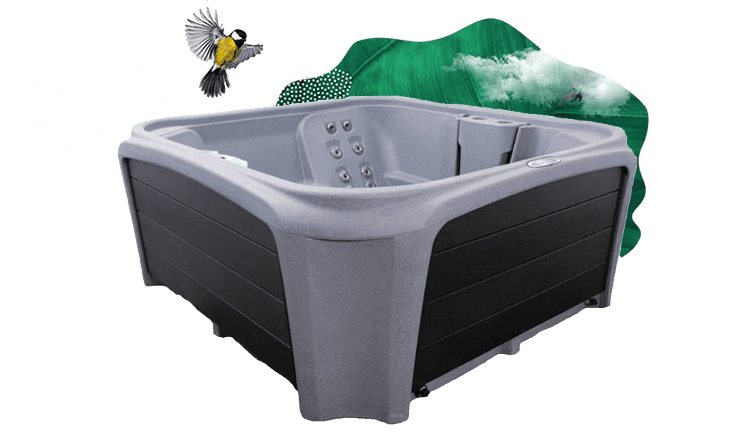 A modern outdoor Innovaplas Stream hot tub with jets, set against a graphic background featuring mountains, trees, and a bird.